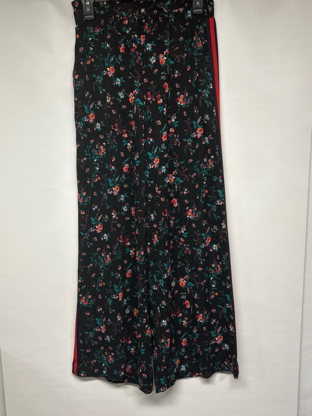 Du Jour Black Floral Wide-Leg Pants with Red Side Trim